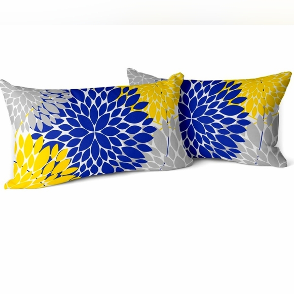 Snycler Navy Blue & Yellow Dahlia Pillow Covers, 12x20” Set of 2 - Picture 1 of 7